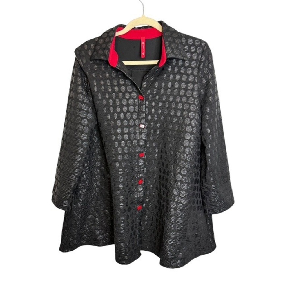 IC Collection Jacket Women's Large Black Red Polka Dot Textured Office Date